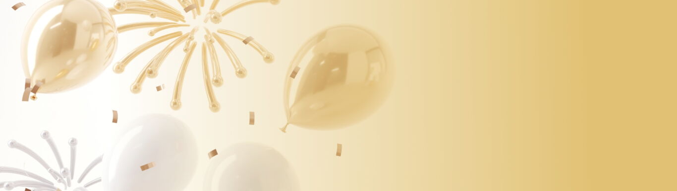 Weiße und goldene Lufballons und Konfetti. Darauf steht das Logo 50 Jahre Kaffee Partner.