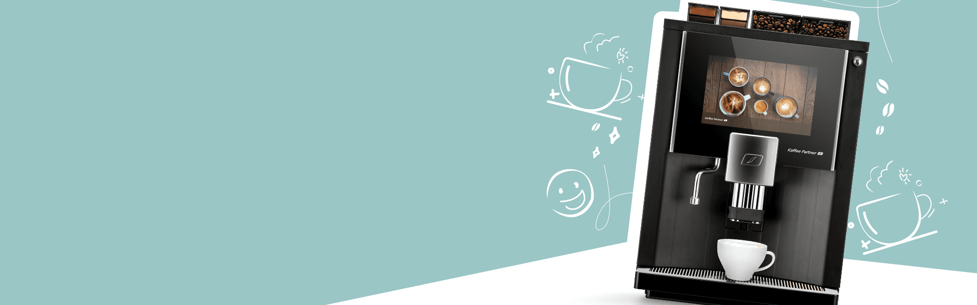 Visualisierung des Barista Velluto Kaffeevollautomaten, vor grünem Hintergrund mit Kaffeetassen-Illustrationen